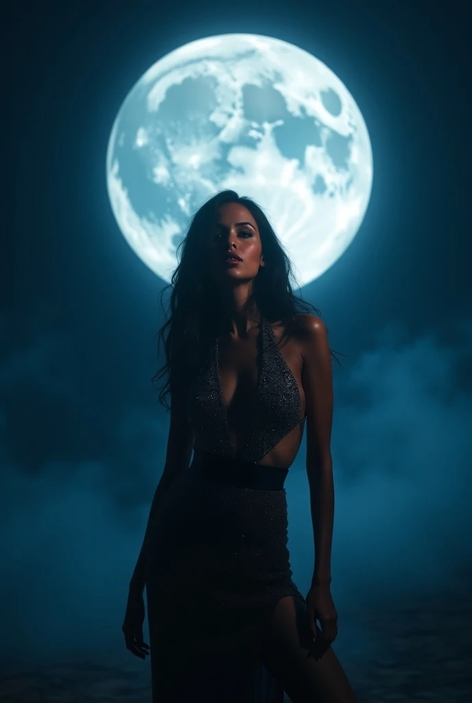 Goddess face, left side view, looking to the sky, starring the moon, dark night scene, glamorous face, HD, surrealism, extreme color, long hair blows, seductive, cinematic portrait, transparent dress, perfect face, perfect body, curved body, upper torso