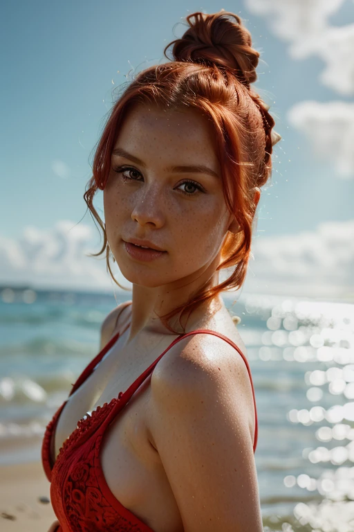 portrait photo of LenkaRegalova beautiful woman, red hair, topknot, in ocean, sun dress, (masterpiece) (best quality) (detailed) (8k) (HDR) (wallpaper) (cinematic lighting) (sharp focus) (intricate)