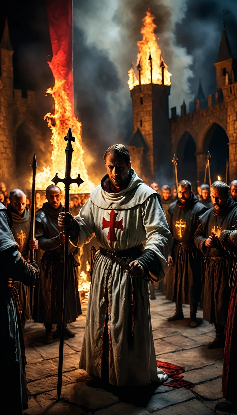 A dramatic and dark medieval scene: a group of Knights Templar in white robes with red crosses being burned at the stake. The flames illuminate the anguished faces of the knights, while a crowd of men, women, and ren watches in silence, their expressions a mix of shock and curiosity. In the center of the scene, a king in opulent attire, adorned with a shining crown, stands on a pedestal, looking down with disdain and judgment at the prisoners. In the background, a medieval landscape with castles and towers under a cloudy sky adds to the tense atmosphere. The contrast between the firelight and the shadows of the crowd creates a dramatic effect.