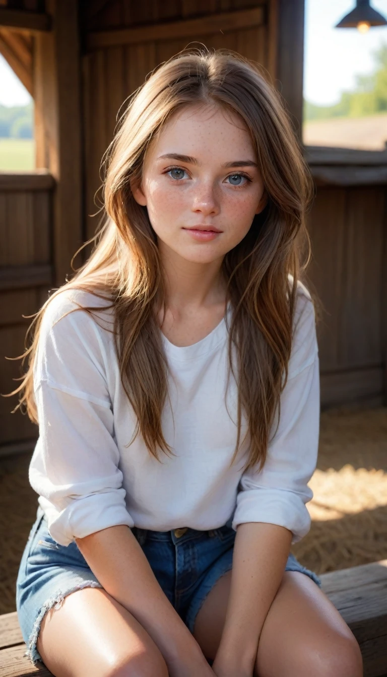 A little 12yo cute girl, freckled face, sitting in a barn, wearing blue ripped jeans shorts and a white dirty shirt, with messy long hair, in the morning light, beautiful and cute face, (best quality,4k,8k,highres,masterpiece:1.2),ultra-detailed,(realistic,photorealistic,photo-realistic:1.37),HDR,UHD,studio lighting,ultra-fine painting,sharp focus,physically-based rendering,extreme detail description,professional,vivid colors,bokeh,portrait,natural light,warm tones,cinematic lighting