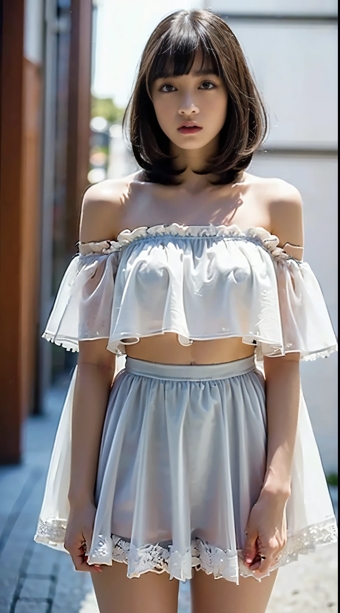 ((Best Quality, 8K, Masterpiece: 1.3)), Focus: 1.2, Perfect Body Beauty: 1.4, ((Layered Haircut, Flat Chest: 1.2)), (Street:1.3), Light Green Bandeau, Light Green Wrap, Off-White Coat, Cleavage, Lewing Jeans, Highly Detailed Face and Skin Texture, Fine Eyes, Double Eyelids, Whitened Skin, Long Hair, (Shut Up: 1.3), Full Body