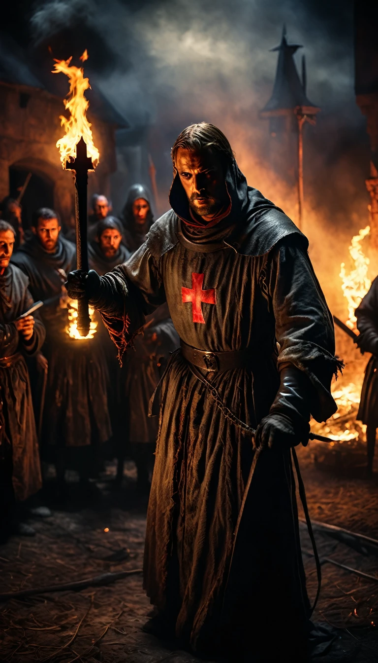 A haunting medieval scene: a lone Knight Templar, bound to a wooden stake, is engulfed in flames, his white robe with a red cross glowing ominously in the firelight. His face reflects despair and bravery, illuminated by the flickering flames. Around him, a diverse crowd of men, women, and ren watches with a mix of horror and fascination. The background features a dark, stormy sky, hinting at the grim atmosphere of the moment, while the flickering fire casts long shadows over the crowd, enhancing the dramatic effect.