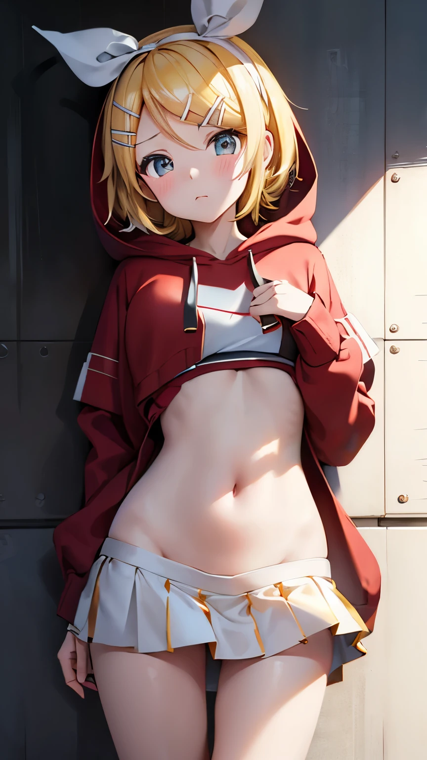 Kagamine Rin , 1 girl , wearing a red hooded sweater , white miniskirt with gold horizontal lines , Looking at the viewer , visible panties , Seductive face ,(8k ultra high quality image )  masterpiece ( high-definition picture ) , maximum image resolution , ( well-defined image details )