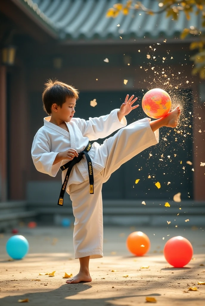 Little boy practices taekwondo