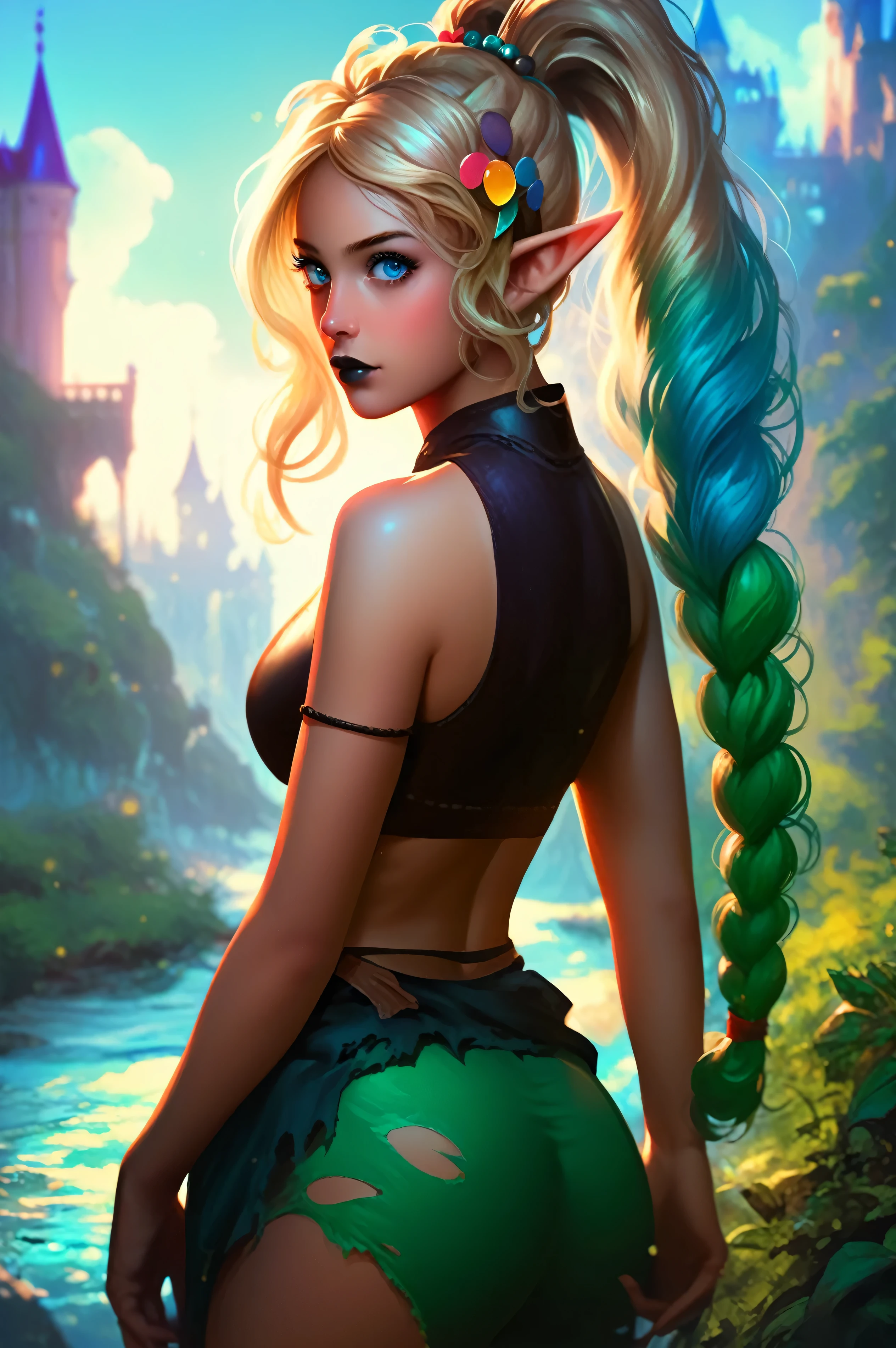 masterpiece, newest, absurdres, masterpiece, highly detailed, beautiful anime, lineart, realistic anime, semi realistic, ((very aesthetic, best quality, ultra detailed)), (perfect face, cute face, like face), fantasy background, extreme colors, Bavarian forest, mountainside, river, castle ruins, intricate details, colorful, ((dramatic lighting)), fantasy, girl, ((looking at viewer)), perfect face, ((torn clothes)), twinbraids, blonde, elf girl, ponytail, sidelocks, pointy ears, sleeveless shirt, green thighhighs, black lips, mascara, Long eyelashes, dark elf, very long hair, multicolored hair, parody, braid, outdoors, messy hair, gradient hair, sleeveless, blue hair, twintails, hair ornament, looking back, bikini top only, tribal, loincloth, torn clothes, beads, hair beads, blue eyes, long hair, blonde hair