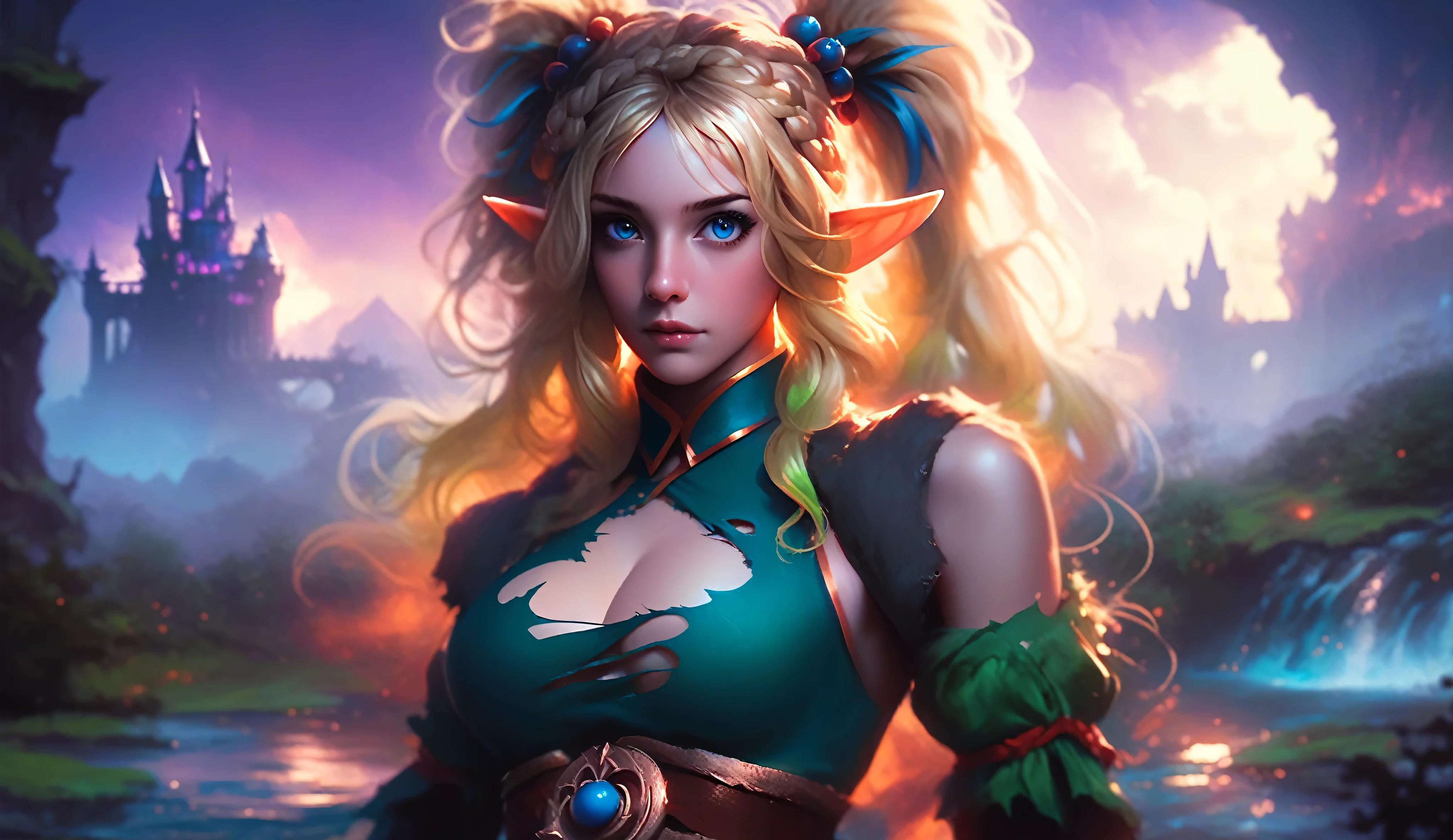 masterpiece, newest, absurdres, masterpiece, highly detailed, beautiful anime, lineart, realistic anime, semi realistic, ((very aesthetic, best quality, ultra detailed)), (perfect face, cute face, like face), fantasy background, extreme colors, Bavarian forest, mountainside, river, castle ruins, intricate details, colorful, ((dramatic lighting)), fantasy, girl, ((looking at viewer)), perfect face, ((torn clothes)), twinbraids, blonde, elf girl, ponytail, sidelocks, pointy ears, sleeveless shirt, green thighhighs, cleavage, black lips, mascara, Long eyelashes, dark elf, very long hair, multicolored hair, parody, braid, outdoors, messy hair, gradient hair, sleeveless, blue hair, twintails, hair ornament, bikini top only, tribal, loincloth, torn clothes, beads, hair beads, blue eyes, long hair, blonde hair