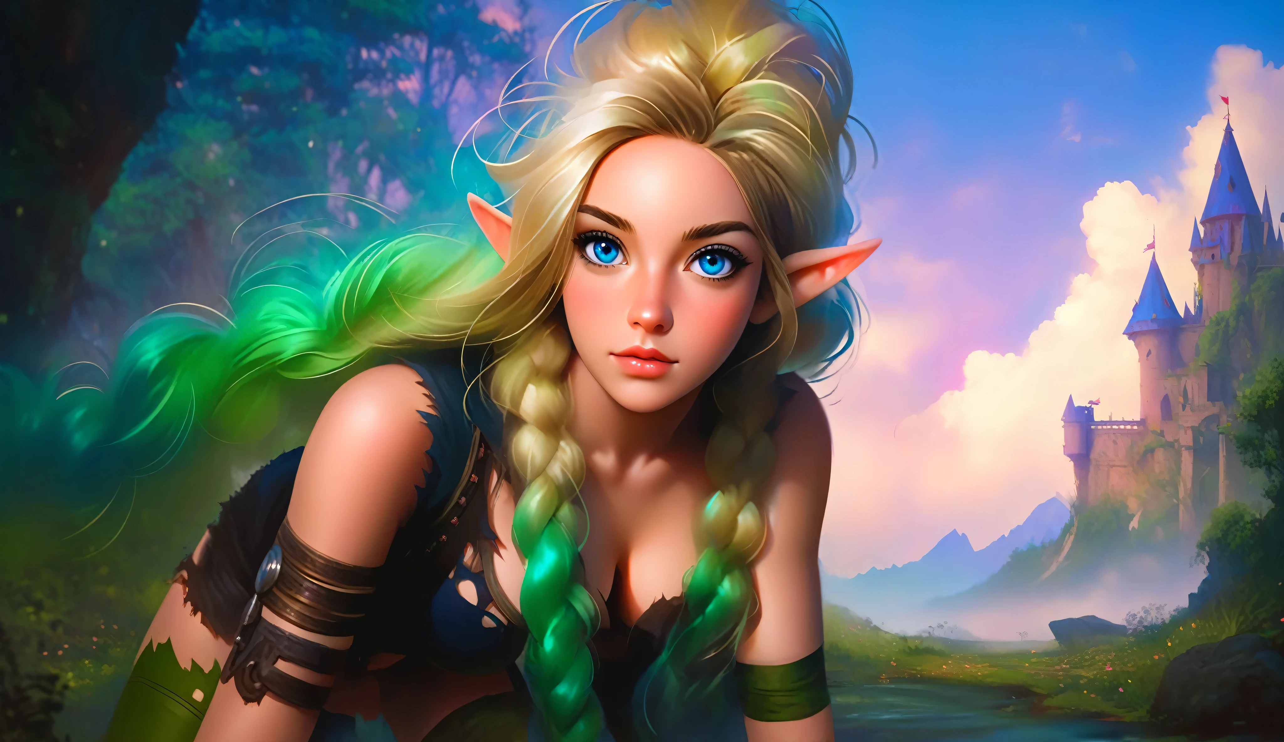 masterpiece, newest, absurdres, masterpiece, highly detailed, beautiful anime, lineart, realistic anime, semi realistic, ((very aesthetic, best quality, ultra detailed)), (perfect face, cute face, like face), fantasy background, extreme colors, Bavarian forest, mountainside, river, castle ruins, intricate details, colorful, ((dramatic lighting)), fantasy, girl, ((looking at viewer)), perfect face, ((torn clothes)), twinbraids, blonde, elf girl, ponytail, sidelocks, pointy ears, sleeveless shirt, green thighhighs, cleavage, black lips, mascara, Long eyelashes, dark elf, very long hair, multicolored hair, parody, braid, outdoors, messy hair, gradient hair, sleeveless, blue hair, twintails, hair ornament, bikini top only, tribal, loincloth, torn clothes, beads, hair beads, blue eyes, long hair, blonde hair