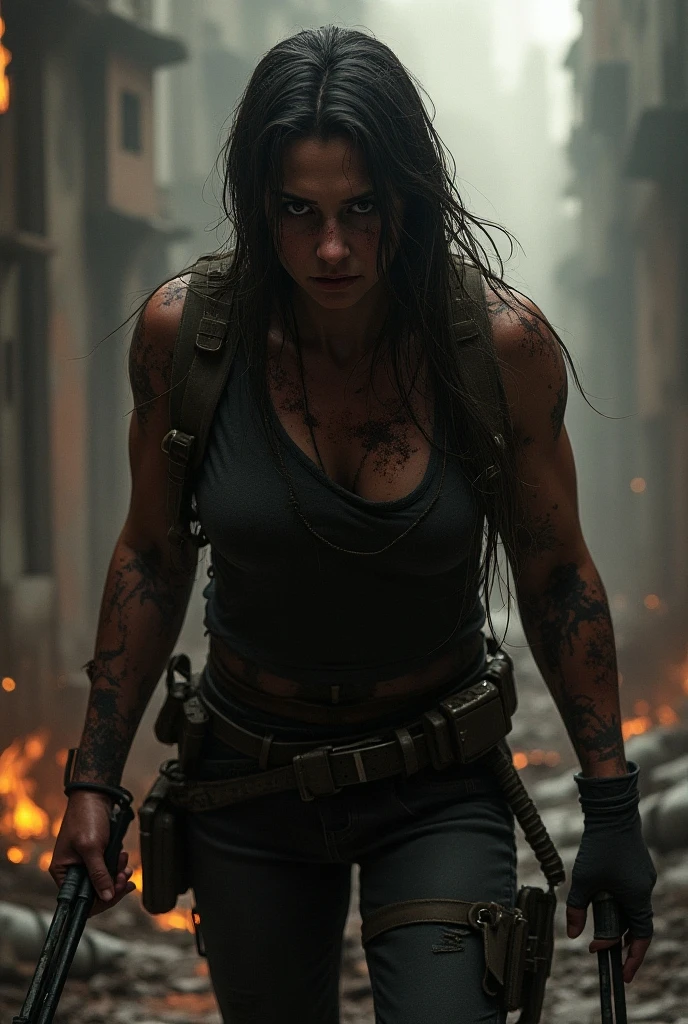 a zombie girl, The Walking Dead series style, extremely detailed and realistic, always repeating the same face, always repeating the same appearance, always repeating the same proportions, always repeating the same clothes, always repeating the same marks and wounds on the skin, alone , full body, front lighting, deteriorated eyes, wearing lingerie, dirty and bloody lingerie, diagonal back view, round ass, a bite in the ass, many rotten wounds, many bruises, the whole body is very deteriorated, hair is falling out