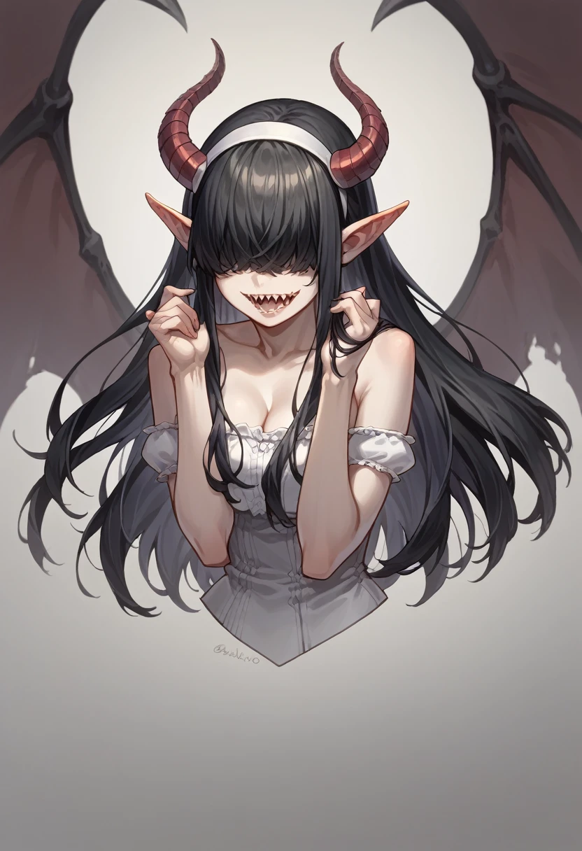 Rosto detalhado, grandes olhos, sharp teeth, hair over eyes, hairband, demon horns, demon wings, long hair, pointy ears, elf, black hair, peitos muito muito grandes, corpo inteiro, 1girl