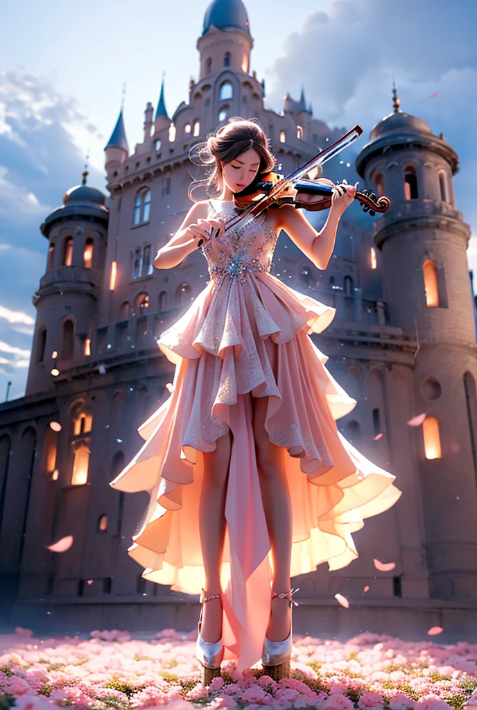 (A girl in a dress is in the air:1.3), playing a violin, (wide shot, wide-angle lens,Panoramic:1.2),super vista, super wide AngleLow Angle shooting, super wide lens, Castle background
violinbare shoulderspetalspink dressfrom belowblurry foreground 
(full body:1.5),(long legs:1.3), 
