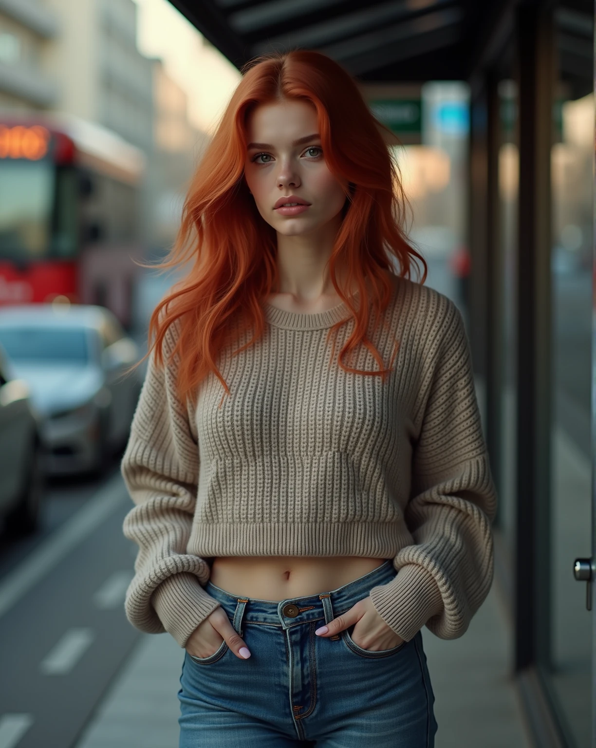 woman with red hair posing on the street in a city, at a city street, redhead girl, smooth red skin, in city street, standing in a city street, in the city, wandering in the city, redhead woman, she has red hair, on the street, on the street, on a street, cute young redhead girl, redhead, epicrealism