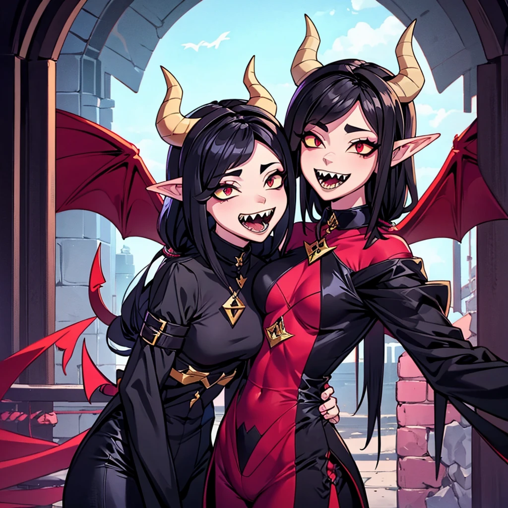 Rosto detalhado, grandes olhos, sharp teeth, hair over eyes, hairband, demon horns, demon wings, long hair, pointy ears, elf, black hair, peitos muito muito grandes, corpo inteiro, 1girl