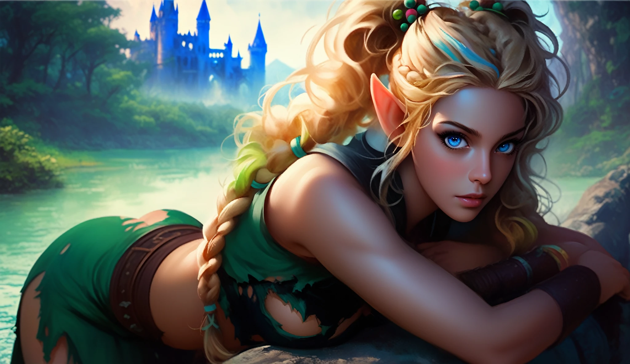 lying in a hammock CLENCHING HANDS,full body, 1girl, elf ears, elven princess, green hair, gradient hair, long braid hair, dreadlocks, hairclip, hair ornament, jewelry, forehead jewel, hood down, star-shaped pupils, gradient eyes, aqua eyes, pointy ears, crystal earrings, serious, bright pupils, flustered, anime, anime style, anime, anime, sparkle, glowing light, reflection light, vignetting, reference sheet, from side, lens flare, ((masterpiece))