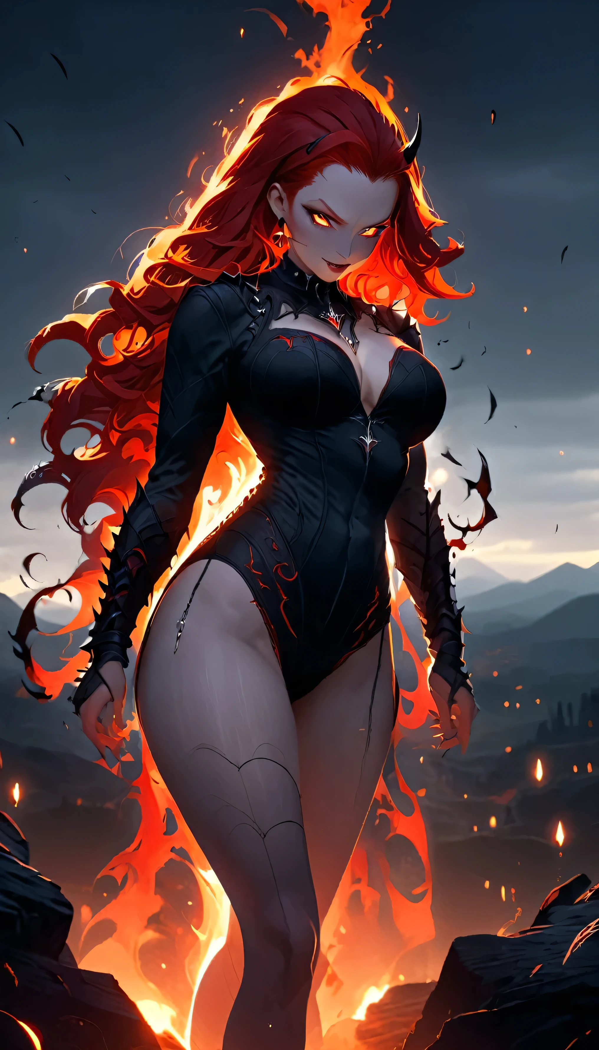 Full body portrait, a redhead evil vampire, dynamic motion,  epic composition, dramatic pose, backlighting, arcane, hellish landscape scene, lowleg panties, busty, curvy hips, see-through lowleg panties, dark and foreboding atmosphere, tense vibe, dark aura fiery aura 