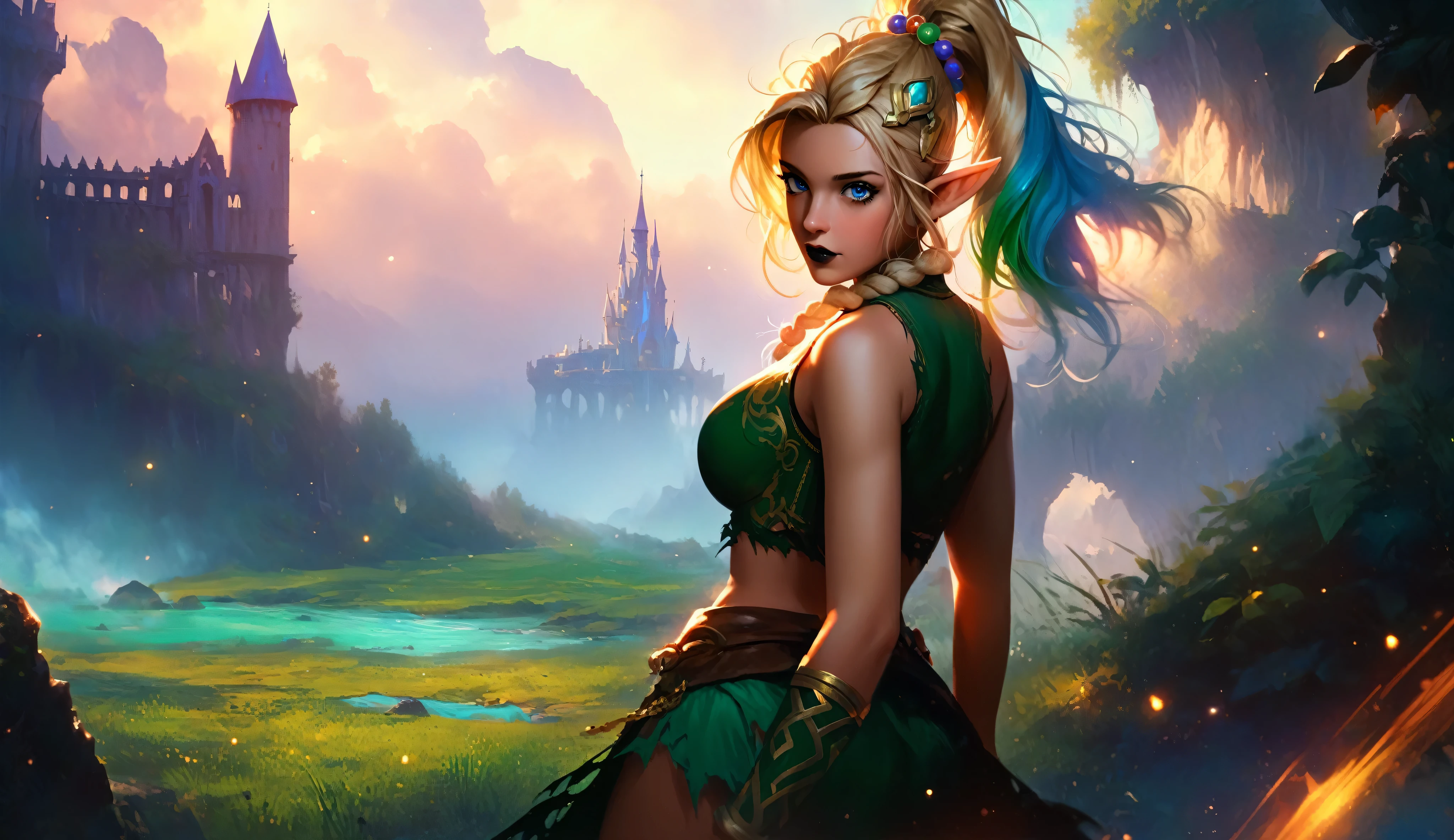 masterpiece, newest, absurdres, masterpiece, highly detailed, beautiful anime, lineart, realistic anime, semi realistic, ((very aesthetic, best quality, ultra detailed)), (perfect face, cute face, like face), fantasy background, extreme colors, Bavarian forest, mountainside, river, castle ruins, intricate details, colorful, ((dramatic lighting)), fantasy, girl, ((looking at viewer)), perfect face, ((torn clothes)), twinbraids, blonde, elf girl, ponytail, sidelocks, pointy ears, sleeveless shirt, green thighhighs, black lips, mascara, Long eyelashes, dark elf, very long hair, multicolored hair, parody, braid, outdoors, messy hair, gradient hair, sleeveless, blue hair, twintails, hair ornament, looking back, bikini top only, tribal, loincloth, torn clothes, beads, hair beads, blue eyes, long hair, blonde hair