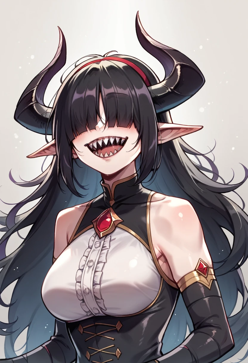 Rosto detalhado, grandes olhos, sharp teeth, hair over eyes, hairband, demon horns, demon wings, long hair, pointy ears, elf, black hair, peitos muito muito grandes, corpo inteiro, 1girl