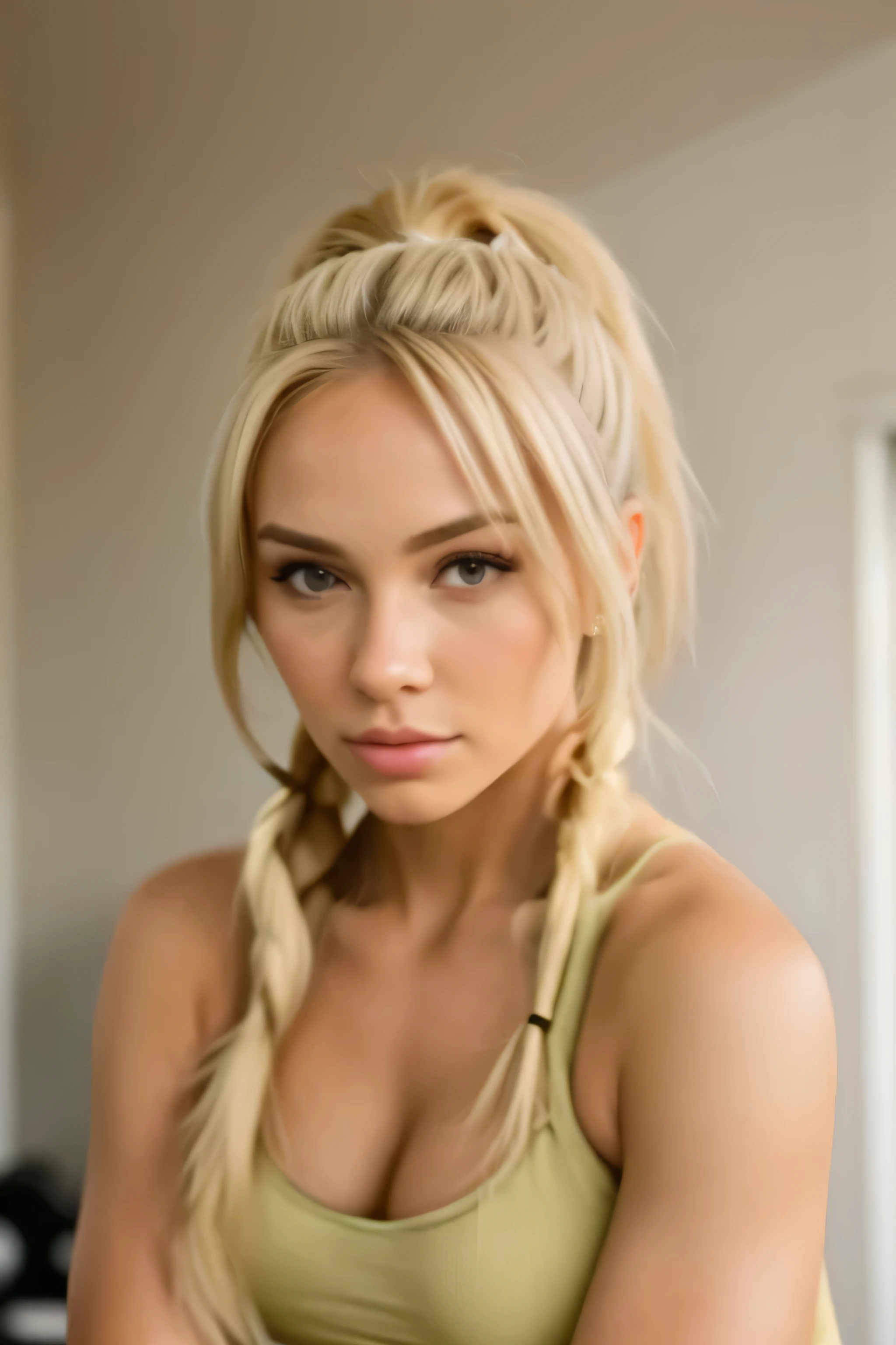 A 23-year-old blonde woman, ((pechos grandes)), ((hiperrealismo)) ,. blonde hair with light brown roots. cabello rubio, Hair with brown roots, cabello extra largo, cabello muy largo, Cabello muy largo, hermoso, vista de perfil, Foto tomada con iPhone, ropa de deporte, escotada, foto en sala de fitness, fondo desenfocado, alta calidad, escote, ojos verdes, labios carnosos, profundidad de campo, medium shot cinematic look, plano general, chopped angle, gran via de madrid