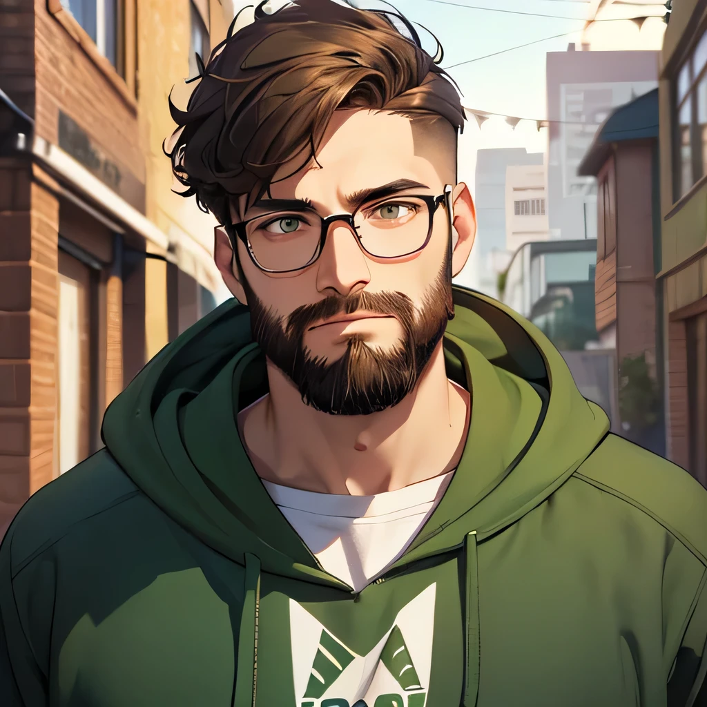 man,  25 years old , 3 day beard, glasses,  brushed to the side, green hoodie