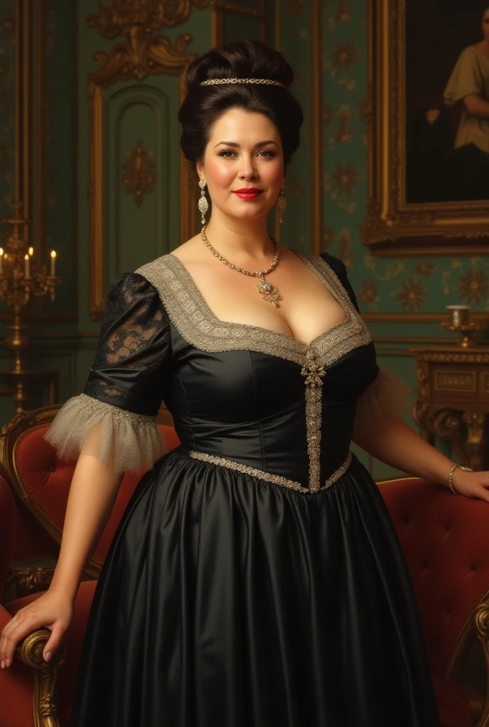 a portrait of a beautiful noblewoman with dark hair and gigantic breasts in an opulent chamber, chiaroscuro, window, landscape in background, detailed, 8k, sharp focus, masterpiece oil painting, painted by joseph wright of derby, by Ilya Repin 