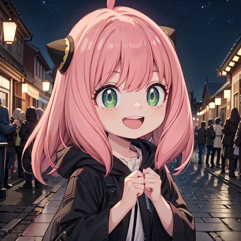 ((Anya))，(( Best Quality、8k、masterpiece))、(( 1 girl))、(( girl))、A big smile、Mouth open、 pink hair、Bob Hair、Ultra detailed face、Ultra-detailed eyes、((Green Eyes))、Ultra detailed hair、Beautiful night sky、Beautiful streetscape、 Jack O Lanterns 