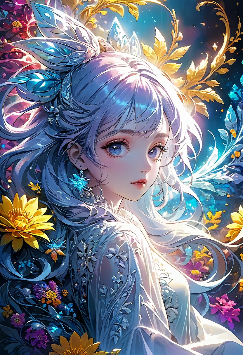 masterpiece, top quality, best quality, official art, beautiful and aesthetic:1.2), (1girl), extreme detailed, (fractal art:1.3), colorful, highest detailed, flowers, beautiful detailed eyes, beautiful detailed lips, extremely detailed eyes and face, long eyelashes, intricate floral design, vibrant colors, dynamic composition, dreamlike atmosphere, photographic quality, cinematic lighting, breathtaking scenery, ethereal beauty, digital painting, cinematic camera angle