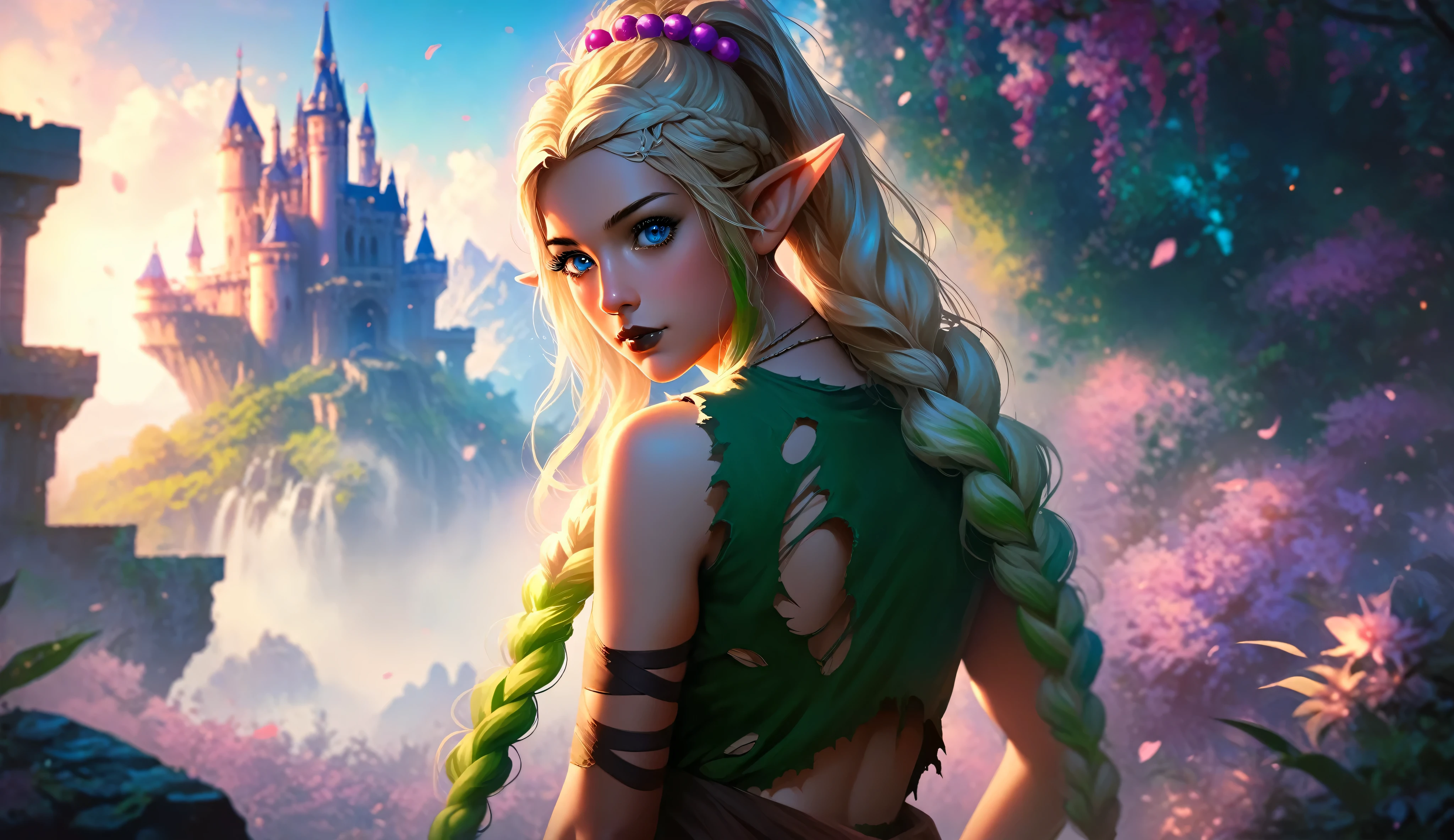 masterpiece, newest, absurdres, masterpiece, highly detailed, beautiful anime, lineart, realistic anime, semi realistic, ((very aesthetic, best quality, ultra detailed)), (perfect face, cute face, like face), fantasy background, extreme colors, Bavarian forest, mountainside, river, castle ruins, intricate details, colorful, ((dramatic lighting)), fantasy, girl, ((looking at viewer)), perfect face, ((torn clothes)), twinbraids, blonde, elf girl, ponytail, sidelocks, pointy ears, sleeveless shirt, green thighhighs, black lips, mascara, Long eyelashes, dark elf, very long hair, multicolored hair, parody, braid, outdoors, messy hair, gradient hair, sleeveless, blue hair, twintails, hair ornament, looking back, bikini top only, tribal, loincloth, torn clothes, beads, hair beads, blue eyes, long hair, blonde hair