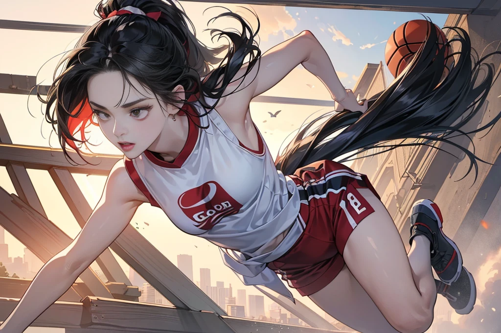 Masterpiece: 1.2, best quality), realistic, (real picture, rich details details, depth of field), (1girl, solo), makeup, cleft lip, high detail, perfect face shape, (big breasts: 1.4), (skindentation), thick thighs, wide buttocks, Thin waist, tall, coral, red lips, red eyes, ponytail, (((((basketball girl, transparent black basketball suit)))), (sweat: 1.2), (wet), sexy, blushing, sweaty --auto