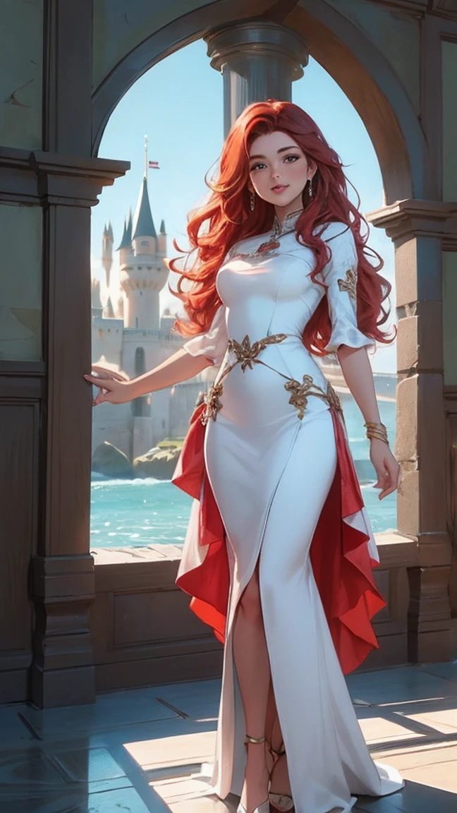 (((full body photo))), (best quality, masterful work), Ariel of disney, 1girl, straight hair, wavy red hair, wide smile, supportive and comfortable, inside a castle, long hair
