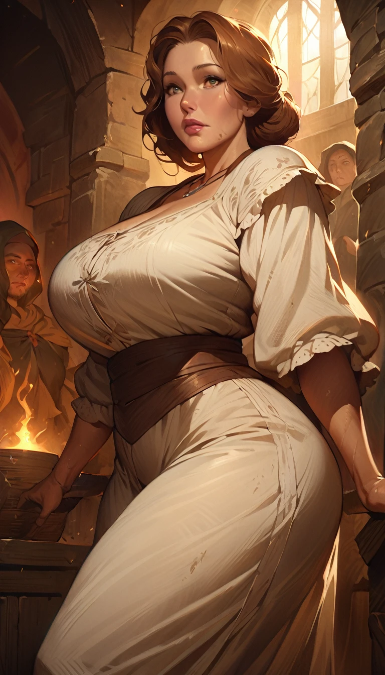 a mature peasant woman, medieval era, large breasts, wide hips, thick thighs, big butt, gentle countenance, hair in bun, brown hair, face slightly dirty with dust, 40 years old, detailed face, detailed eyes, detailed lips, cinematic lighting, dramatic chiaroscuro, rich warm tones, masterpiece, ultra-detailed, photorealistic