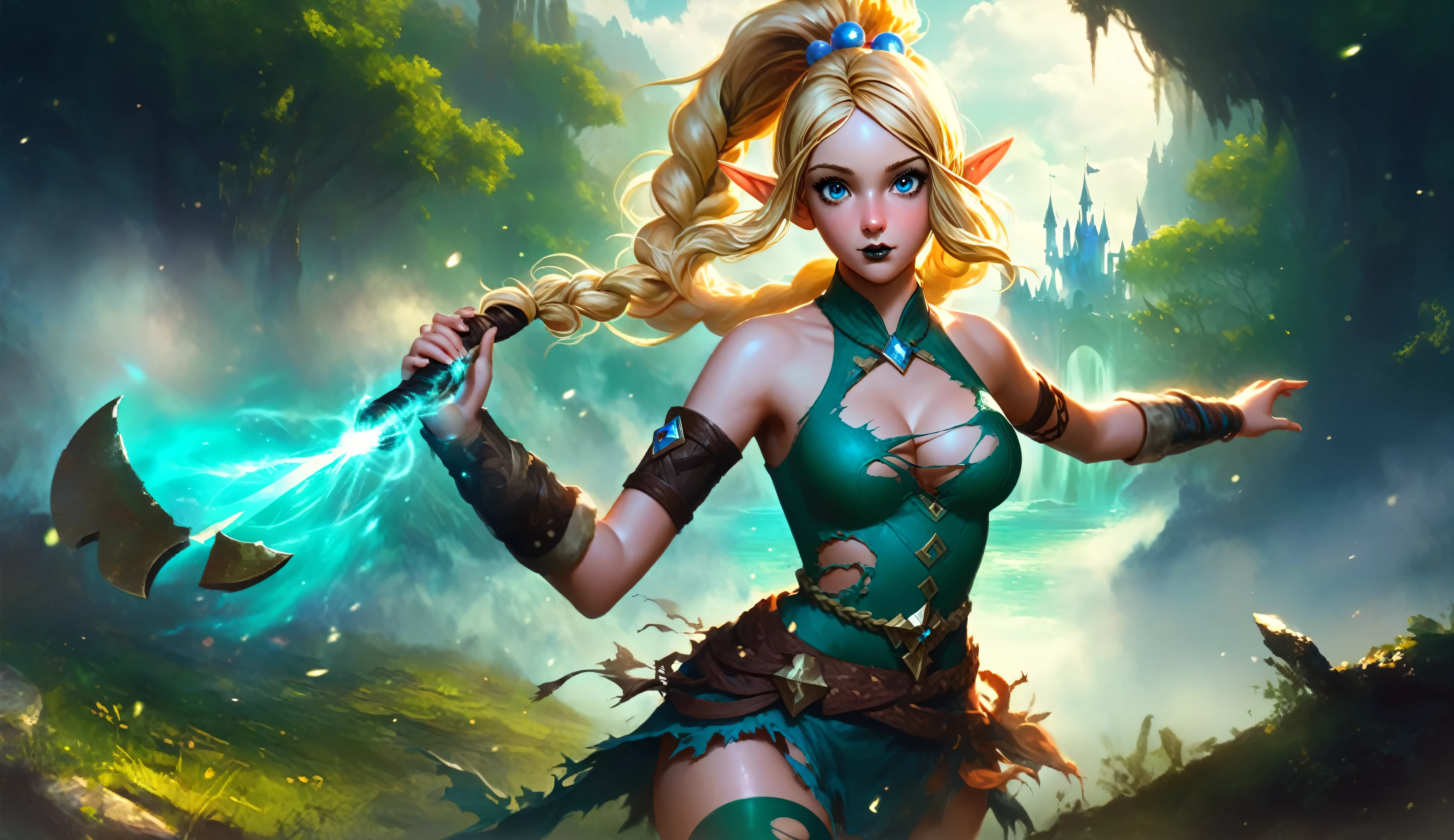masterpiece, newest, absurdres, masterpiece, highly detailed, beautiful anime, lineart, realistic anime, semi realistic, ((very aesthetic, best quality, ultra detailed)), (perfect face, cute face, like face), fantasy background, extreme colors, Bavarian forest, mountainside, river, castle ruins, intricate details, colorful, ((dramatic lighting)), fantasy, girl, ((looking at viewer)), perfect face, ((torn clothes)), twinbraids, blonde, elf girl, ponytail, sidelocks, pointy ears, sleeveless shirt, green thighhighs, swimsuit, cleavage, black lips, mascara, Long eyelashes, dark elf, very long hair, multicolored hair, parody, braid, outdoors, messy hair, gradient hair, sleeveless, blue hair, twintails, hair ornament, bikini top only, tribal, loincloth, torn clothes, beads, hair beads, blue eyes, long hair, blonde hair
