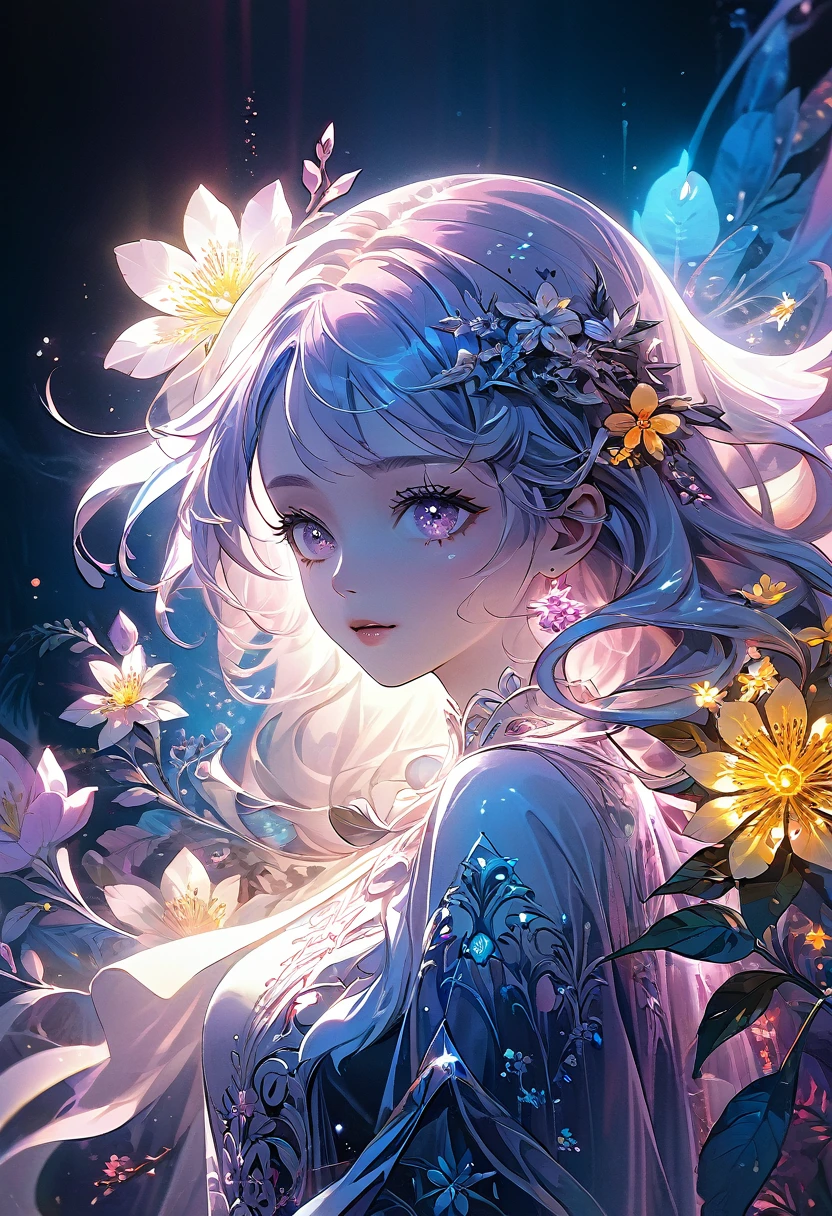 masterpiece, top quality, best quality, official art, beautiful and aesthetic:1.2), (1girl), extreme detailed, (fractal art:1.3), colorful, highest detailed, flowers, beautiful detailed eyes, beautiful detailed lips, extremely detailed eyes and face, long eyelashes, intricate floral design, vibrant colors, dynamic composition, dreamlike atmosphere, photographic quality, cinematic lighting, breathtaking scenery, ethereal beauty, digital painting, cinematic camera angle