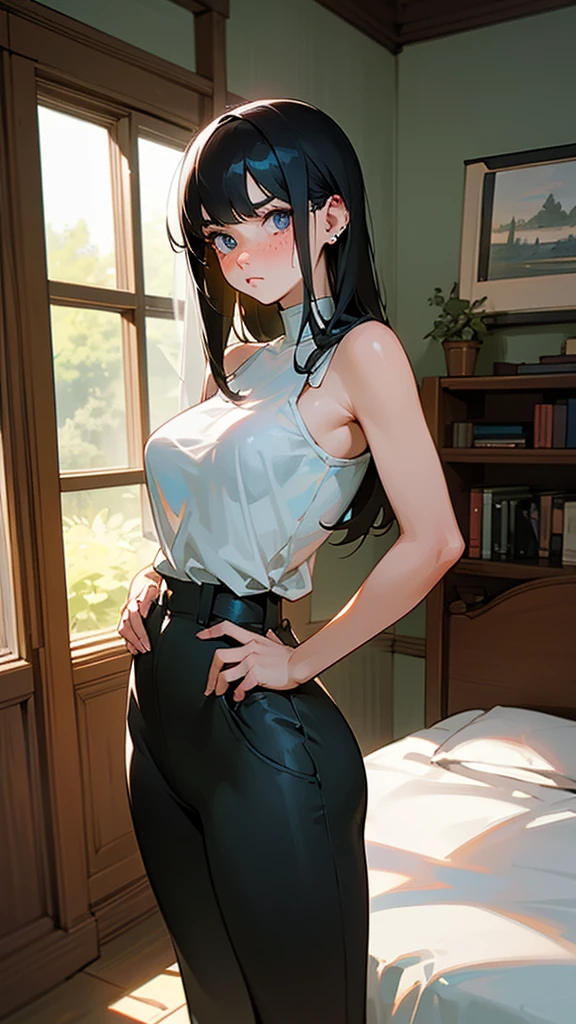 1 very sexy woman, 35yo, dark long hair, blue eyes, she is sitting in front of me, she has big boob, she's wearing a White blouse and a short flowing blue shirt, expising one perfect sexy leg in black pantihose, with foot Leaning on the chair were i'm sitting