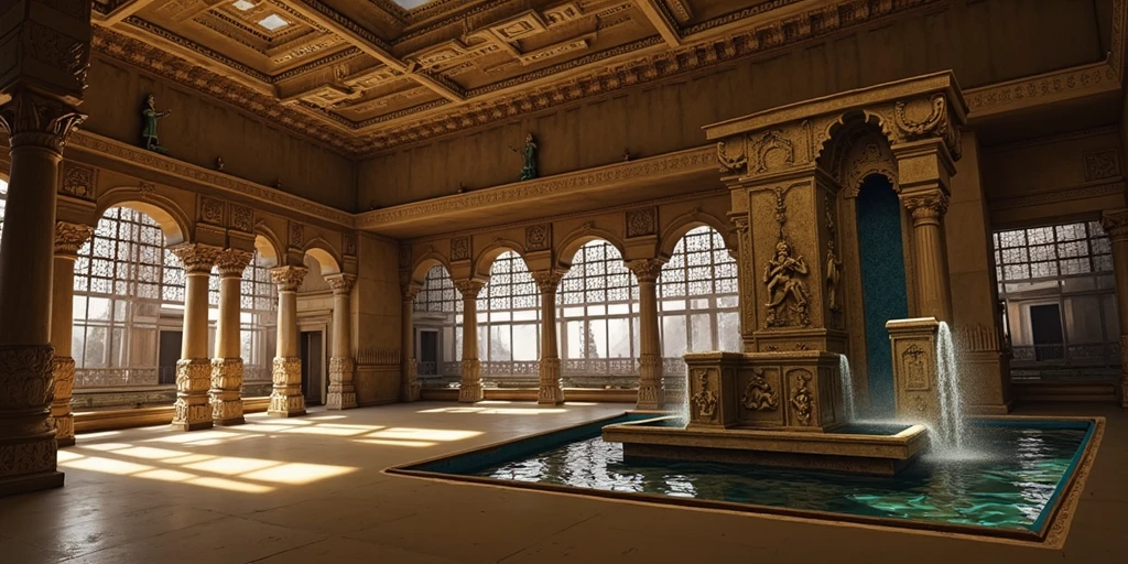 expansive public bathhouse set in the heart of an ancient South Indian city. The structure is monumental, with towering walls crafted from golden stone, typical of ancient South Indian temple architecture. At the center of the bathhouse lies a grand rectangular fountain, intricately designed with layers of carvings and sculptures that wrap around its towering edges. These sculptures depict gods, mythical creatures, and celestial dancers, all rendered with exquisite detail. The fountain itself gushes crystal-clear water from the mouths of ornate sculptures, their expressions frozen in dynamic poses, as though they are guardians of the water. The fountain cascades into a vast, clear pool that fills the bathhouse, its water reflecting the intricate stone patterns of the ceiling above. Surrounding the pool, the walls are lined with sculpted niches holding vibrant statues of deities, each illuminated by shafts of golden sunlight streaming through skylights above. Pillars adorned with elaborate carvings of mythical beings support the high ceiling, giving the entire space a sense of sacred grandeur. The air is filled with the soothing sound of water, echoing softly through the space, blending with the faint smell of incense, creating an atmosphere of serene divinity.
