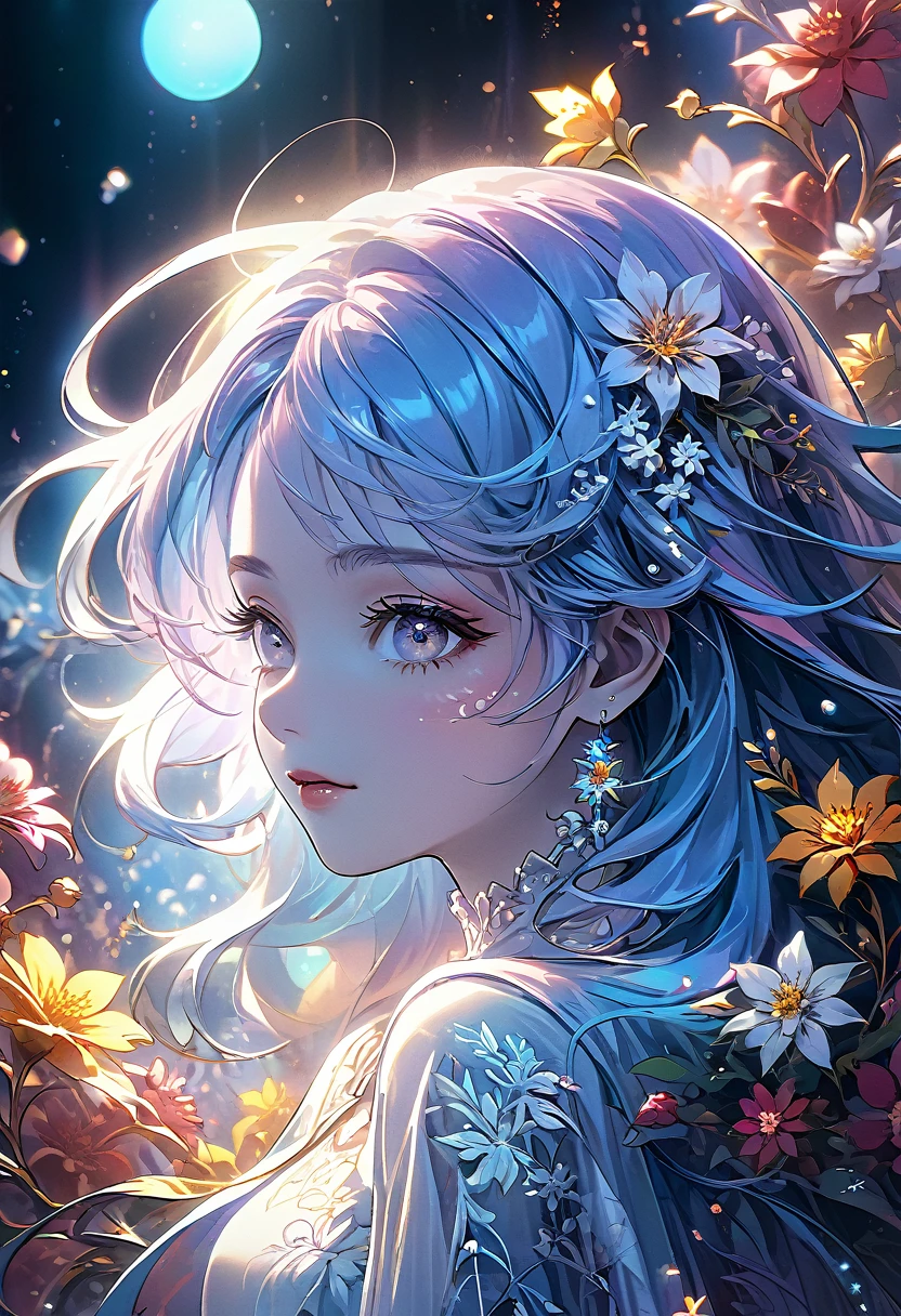 masterpiece, top quality, best quality, official art, beautiful and aesthetic:1.2), (1girl), extreme detailed, (fractal art:1.3), colorful, highest detailed, flowers, beautiful detailed eyes, beautiful detailed lips, extremely detailed eyes and face, long eyelashes, intricate floral design, vibrant colors, dynamic composition, dreamlike atmosphere, photographic quality, cinematic lighting, breathtaking scenery, ethereal beauty, digital painting, cinematic camera angle