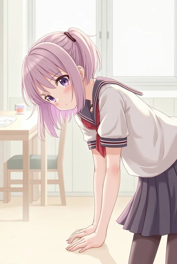 sakura on her knees, tying her hair, pov view, lewd smiling, open shirt showing her chest, 