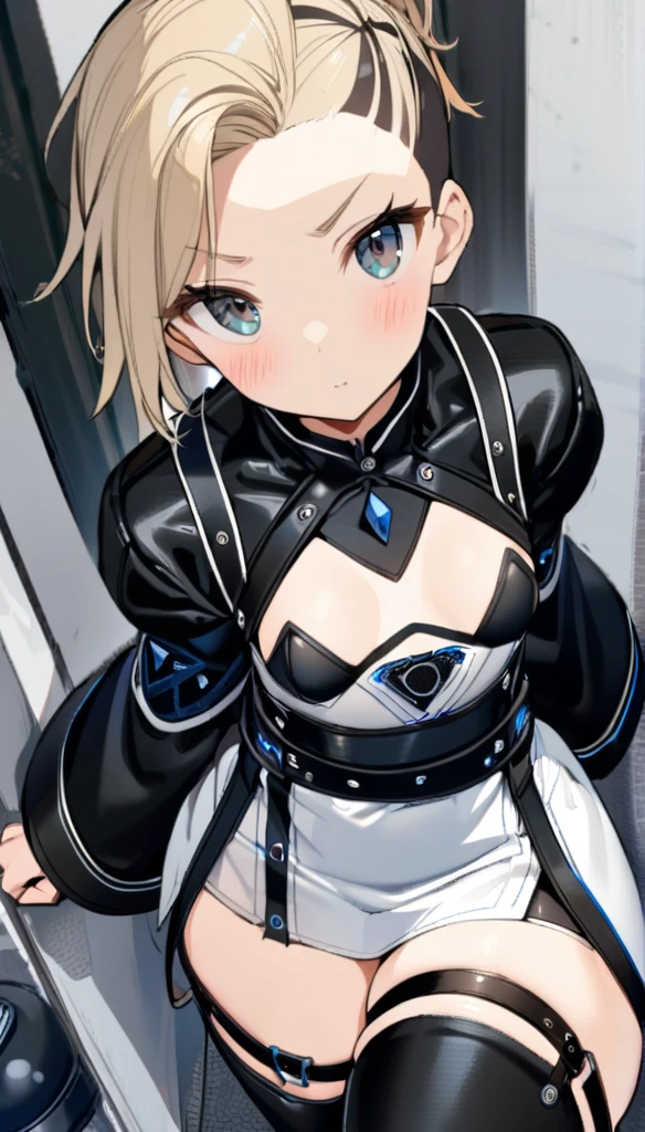 1 girl, with undercut , semi blonde hair, from above, slim,  Small breasts ,  wearing a black lycrate short ,  hairstyle wearing a white dress with blue and black ornaments with double upper opening with sleeves, with thick thighs,  with a leather garter on the thigh , with long stockings