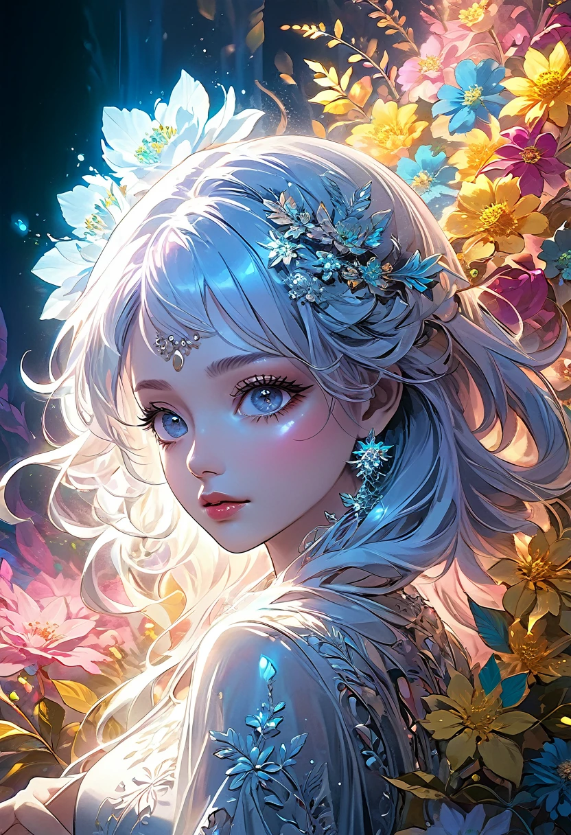 masterpiece, top quality, best quality, official art, beautiful and aesthetic:1.2), (1girl), extreme detailed, (fractal art:1.3), colorful, highest detailed, flowers, beautiful detailed eyes, beautiful detailed lips, extremely detailed eyes and face, long eyelashes, intricate floral design, vibrant colors, dynamic composition, dreamlike atmosphere, photographic quality, cinematic lighting, breathtaking scenery, ethereal beauty, digital painting, cinematic camera angle