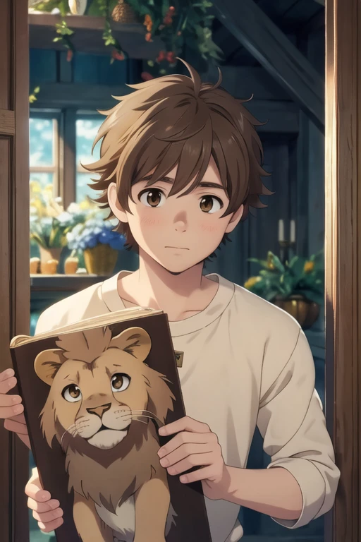 masterpiece, best quality, game cg, 1boy, solo, male focus, looking at viewer, upper body, , anime coloring, , shun_hashimoto, brown hair, brown eyes, , Narnia: A land of talking animals and magical creatures, ruled by Aslan the lion, HD