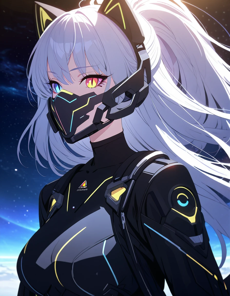 full body, 1girl, cat girl, white long hair, black sci-fi suit, sci-fi styled ear covers, cosmic background, detailed face, beautiful detailed eyes, heterochromia, slit pupils, mechanical sci-fi styled tail, open suit, mechanical sci-fi styled facemask, beautiful detailed lips, extremely detailed facial features, longeyelashes, best quality,4k,8k,highres,masterpiece:1.2,ultra-detailed, cinematic lighting, dramatic lighting, sci-fi, concept art