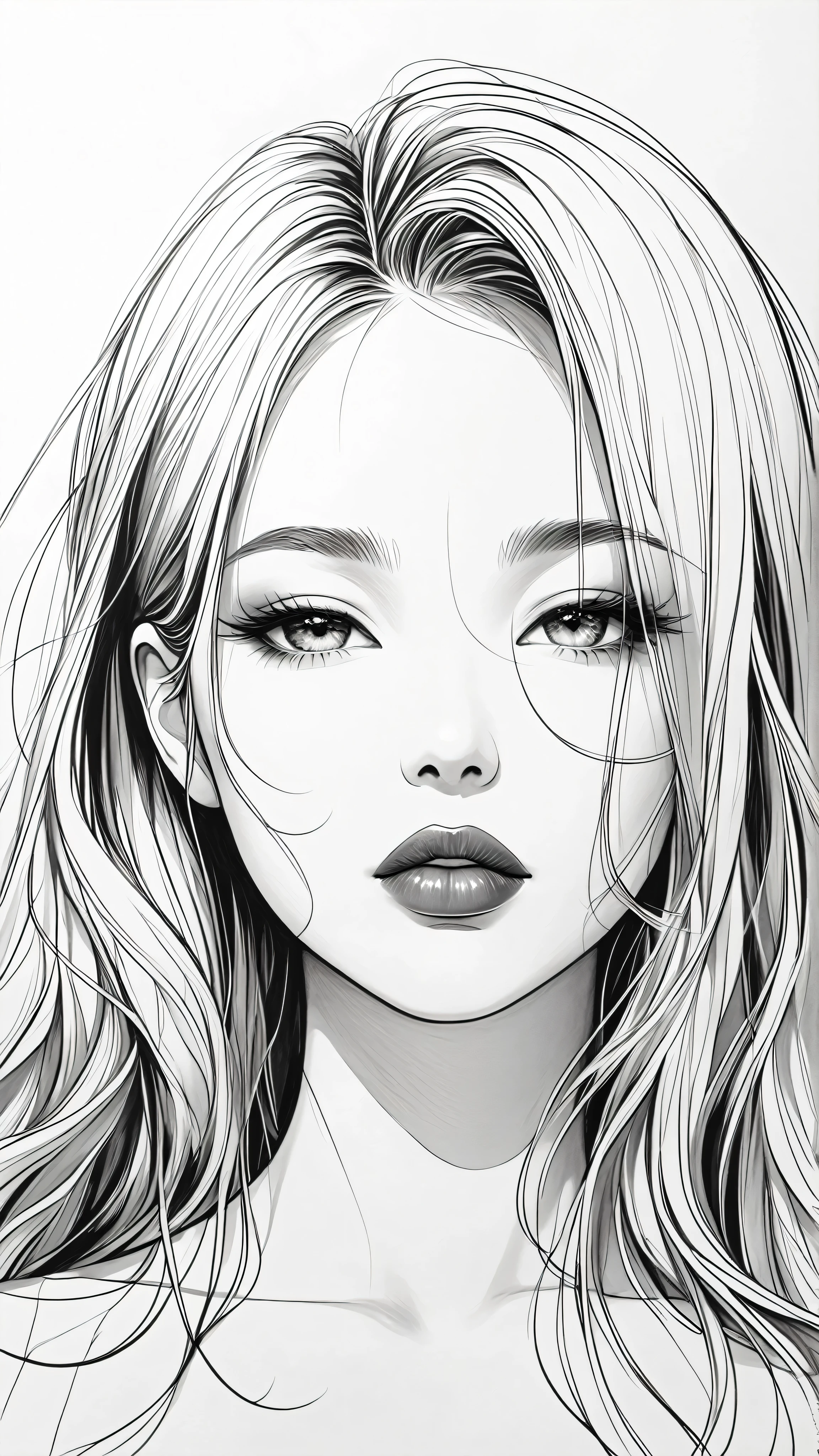 master piece:1.5、(minimal art, line drawing), woman、Black and white art:1.2、lips are red、Black and white world、silence、An ennui look、Densely drawn