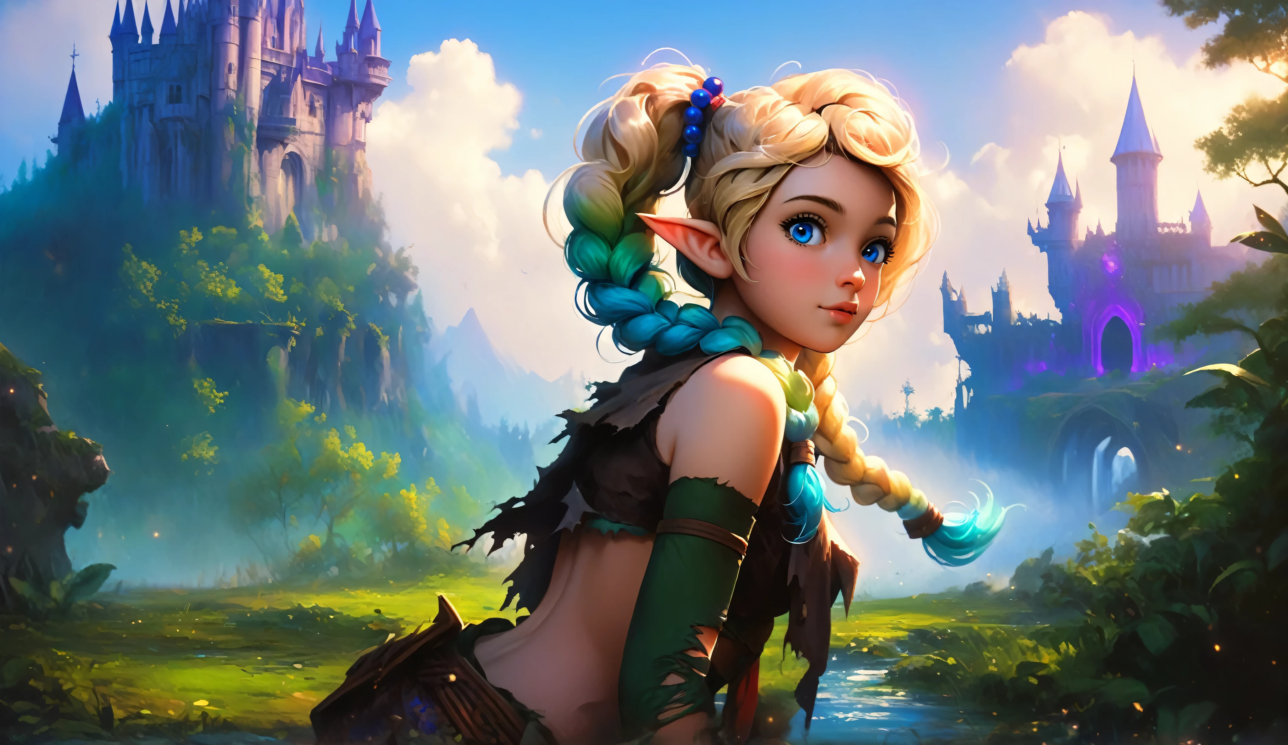 masterpiece, newest, absurdres, masterpiece, highly detailed, beautiful anime, lineart, realistic anime, semi realistic, ((very aesthetic, best quality, ultra detailed)), (perfect face, cute face, like face), fantasy background, extreme colors, Bavarian forest, mountainside, river, castle ruins, intricate details, colorful, ((dramatic lighting)), fantasy, young, girl, ((looking at viewer)), perfect face, ((torn clothes)), twinbraids, blonde, , elf girl, ponytail, sidelocks, pointy ears, sleeveless shirt, green thighhighs, black lips, mascara, Long eyelashes, dark elf, very long hair, multicolored hair, parody, braid, outdoors, messy hair, gradient hair, sleeveless, blue hair, twintails, hair ornament, looking back, bikini top only, tribal, loincloth, torn clothes, beads, hair beads, blue eyes, long hair, blonde hair