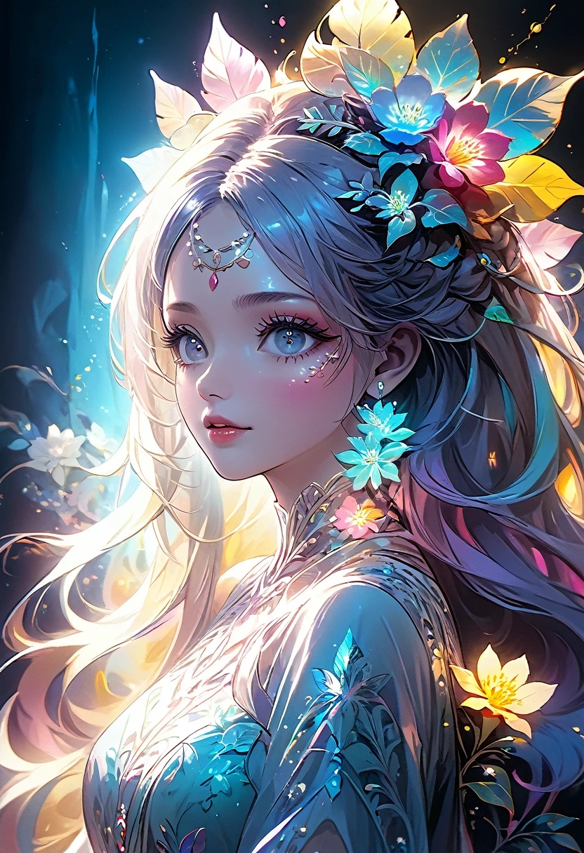 masterpiece, top quality, best quality, official art, beautiful and aesthetic:1.2), (1girl), extreme detailed, (fractal art:1.3), colorful, highest detailed, flowers, beautiful detailed eyes, beautiful detailed lips, extremely detailed eyes and face, long eyelashes, intricate floral design, vibrant colors, dynamic composition, dreamlike atmosphere, photographic quality, cinematic lighting, breathtaking scenery, ethereal beauty, digital painting, cinematic camera angle