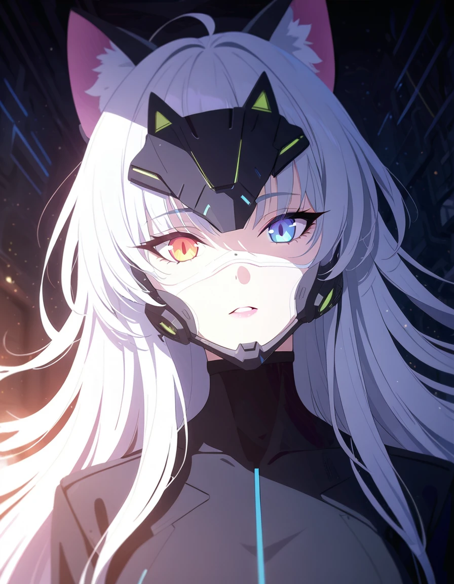 1girl, cat girl, white long hair, full body, black sci-fi suit, sci-fi styled ear covers, cosmic background, detailed face, beautiful detailed eyes, heterochromia, slit pupils, mechanical sci-fi styled tail, open suit, mechanical sci-fi styled facemask, beautiful detailed lips, extremely detailed facial features, longeyelashes, best quality,4k,8k,highres,masterpiece:1.2,ultra-detailed, cinematic lighting, dramatic lighting, sci-fi, concept art