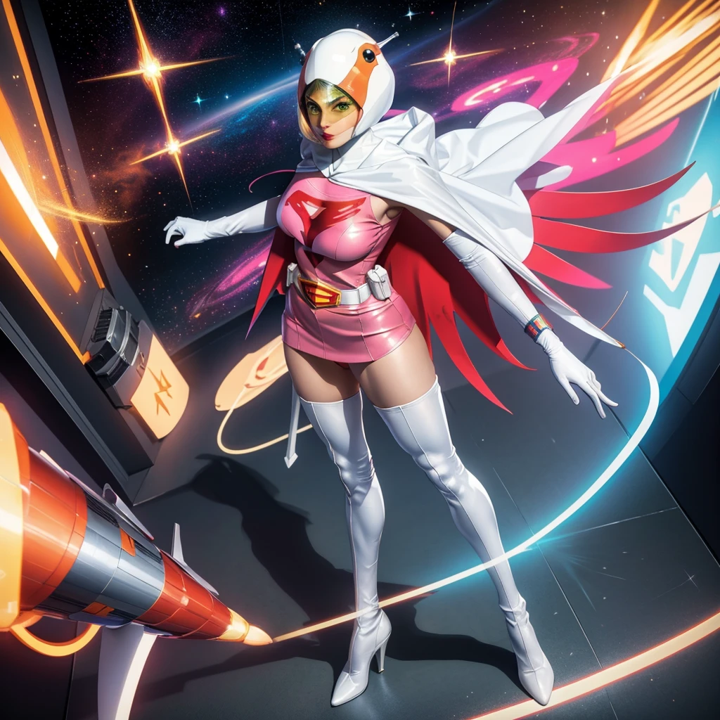 ANI_CLASSIC_jun_gatchaman_ownwaifu,1girl, ,good anatomy, masterpiece, best quality,realistic, hyperrealistic, 16k hdr,breasts,green eyes,lips,large breasts,lipstick,makeup,gloves,cape,helmet,belt,elbow gloves,white gloves,mask,ultra miniskirt,leotard,spacesuit,white tight overknee highheels boots,pink dress,superhero,bodysuit,cleavage,erected nipples,((jumping poses,arms up straight)),cameltoe