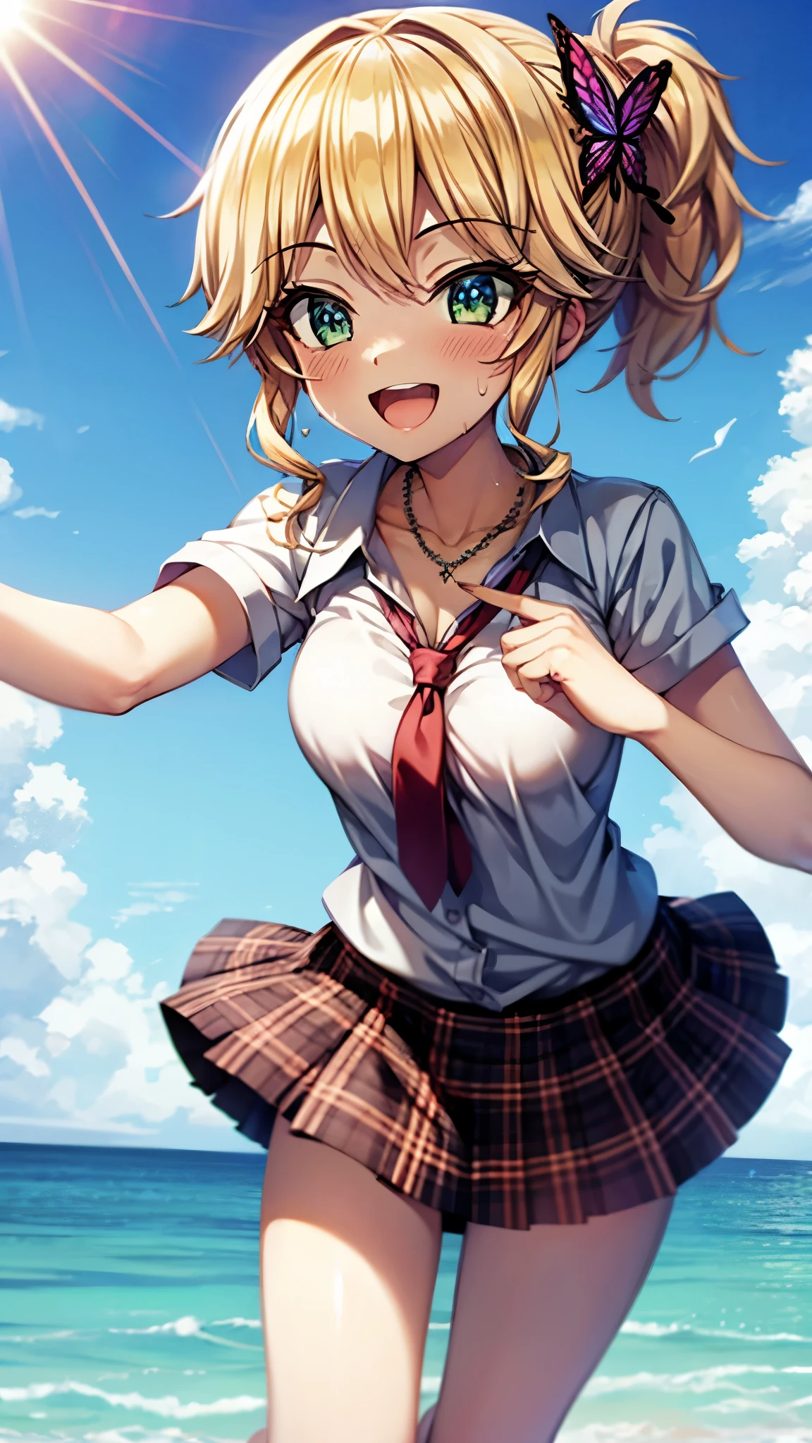 （super high quality, super high definition,16k,super masterpiece,Ultra HD ,Detailed shading and background,）Shooting from below,One Girl, ponytail, Purple Swallowtail Butterfly Barrette and Necklace ,（Short-sleeved white dress shirt,Red ribbon tie,）Blue Plaid Mini Skirt ,smile,blush,Open your mouth a little,Sweaty,Blue sky and sea with clouds and sun visible,Lean forward,