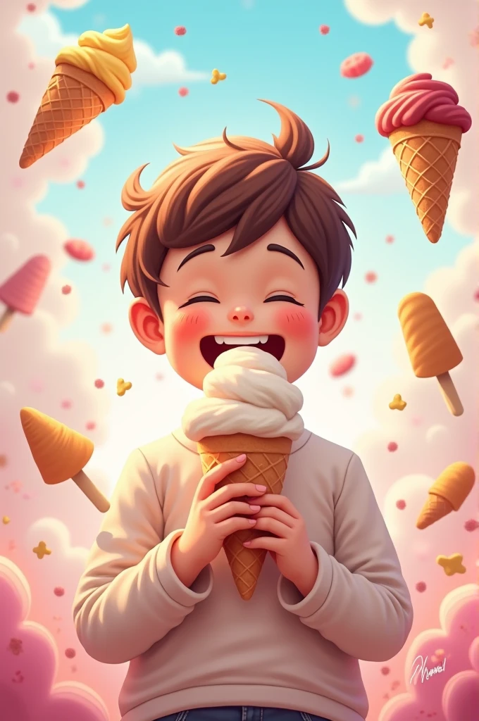 realistic, detailed illustration, 1 boy, toddler, two-year-old, eating ice cream cone, joyful expression, eyes closed, soft warm colors, fine details, simple background, hand-painted style, digital art touch,illustration, Watercolor