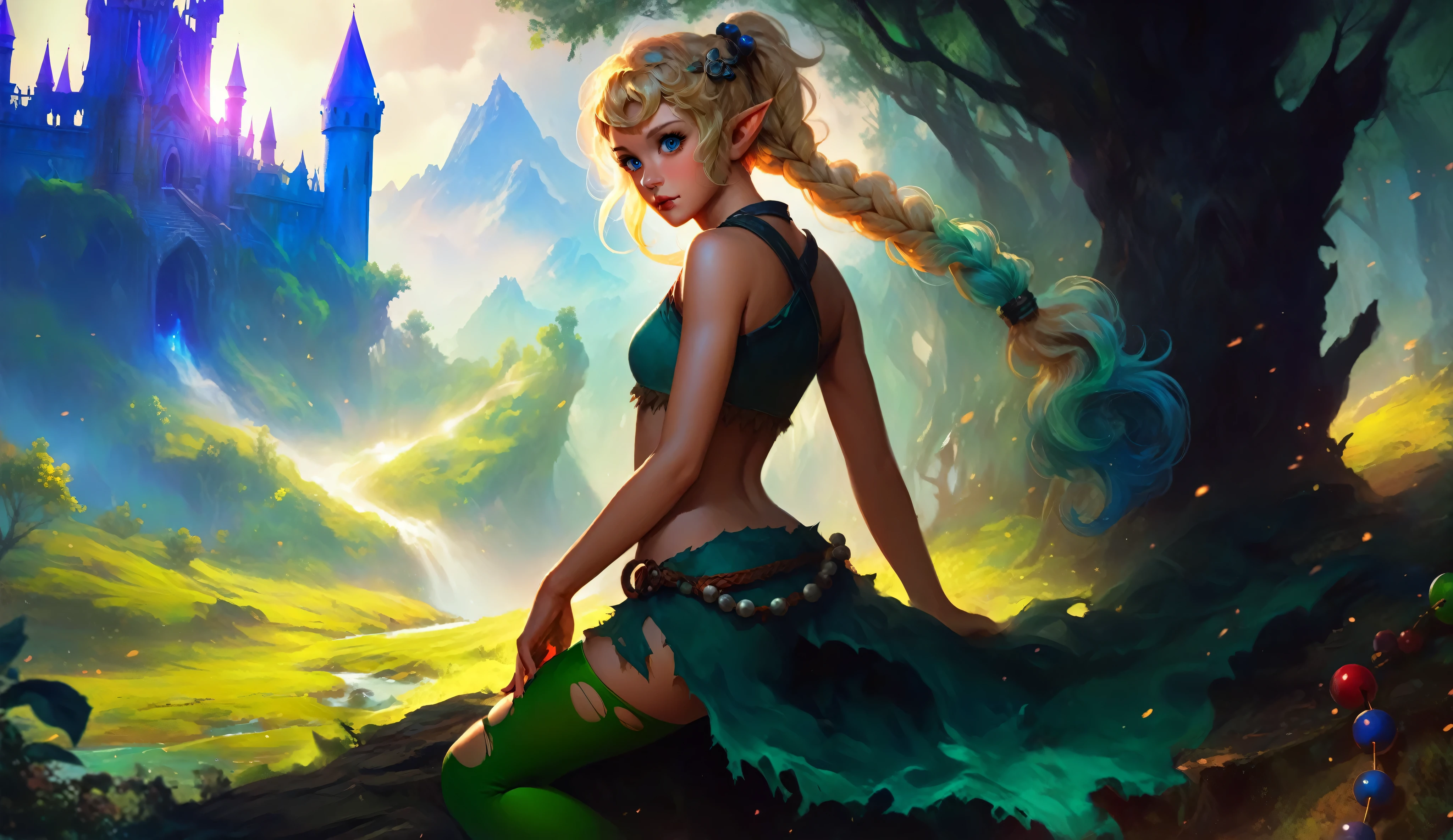 masterpiece, newest, absurdres, masterpiece, highly detailed, beautiful anime, lineart, realistic anime, semi realistic, ((very aesthetic, best quality, ultra detailed)), (perfect face, cute face, like face), fantasy background, extreme colors, Bavarian forest, mountainside, river, castle ruins, intricate details, colorful, ((dramatic lighting)), fantasy, young, girl, ((looking at viewer)), perfect face, ((torn clothes)), twinbraids, blonde, , elf girl, ponytail, sidelocks, pointy ears, sleeveless shirt, green thighhighs, black lips, mascara, Long eyelashes, dark elf, very long hair, multicolored hair, parody, braid, outdoors, messy hair, gradient hair, sleeveless, blue hair, twintails, hair ornament, looking back, bikini top only, tribal, loincloth, torn clothes, beads, hair beads, blue eyes, long hair, blonde hair