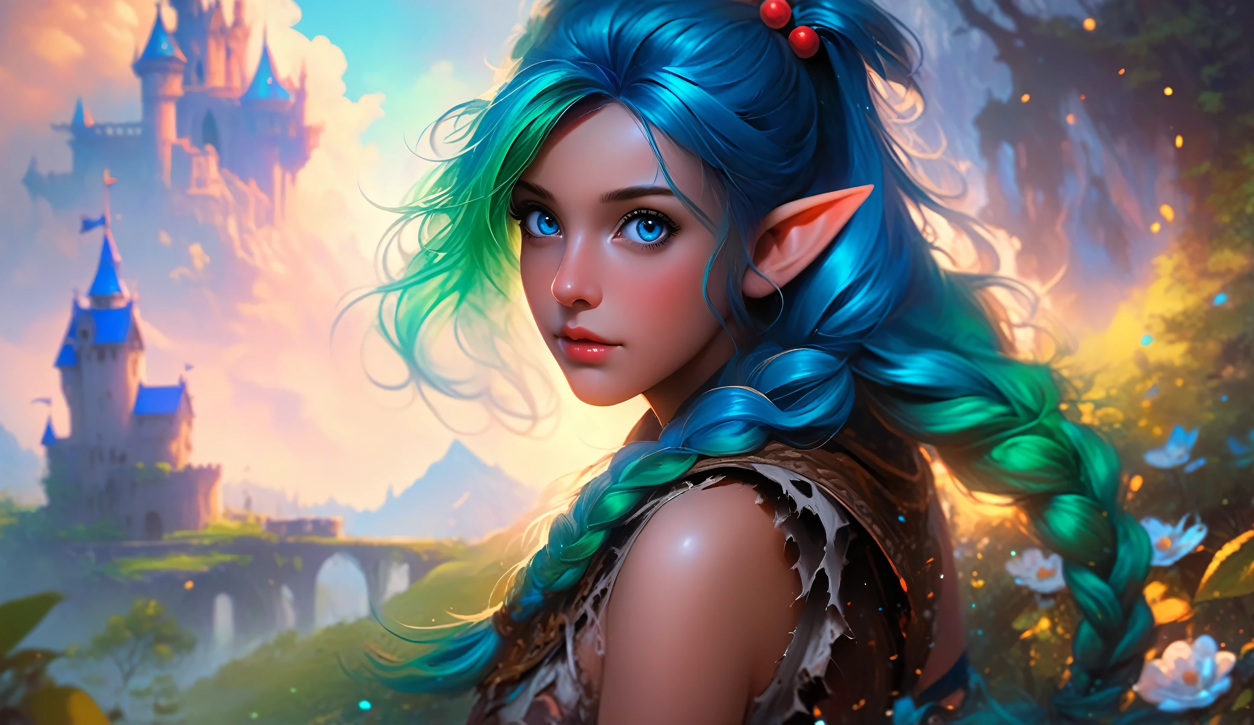 masterpiece, newest, absurdres, masterpiece, highly detailed, beautiful anime, lineart, realistic anime, semi realistic, ((very aesthetic, best quality, ultra detailed)), (perfect face, cute face, like face), fantasy background, extreme colors, Bavarian forest, mountainside, river, castle ruins, intricate details, colorful, ((dramatic lighting)), fantasy, young, girl, ((looking at viewer)), perfect face, ((torn clothes)), twinbraids, blonde, , elf girl, ponytail, sidelocks, pointy ears, sleeveless shirt, green thighhighs, black lips, mascara, Long eyelashes, dark elf, very long hair, multicolored hair, parody, braid, outdoors, messy hair, gradient hair, sleeveless, blue hair, twintails, hair ornament, looking back, bikini top only, tribal, loincloth, torn clothes, beads, hair beads, blue eyes, long hair, blonde hair