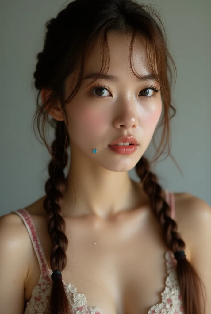 ((Highest quality、8k、masterpiece:1.3))、woman(Full body portrait、間mouth、Large Breasts、Nipples、internal_sauna:1.6)、sauna室、Overhead Camera、Sharp focus:1.2、きれいなwoman:1.4、((Brown Hair、Braided Hair))、Highly detailed face、skin、Hair Texture、Wet body、Wet Face、Wet your hair、詳細なeye、double eyelid、白いskinの、Beautiful and delicate nose、かわいい若い日本のwoman、18-year-old、Dynamic Angles、The muted colors and contrast of light and shadow create a melancholic feeling.、Subject&#39;s hair、eye、mouth、With an emphasis on action、eyeを楽しませる、It&#39;s a thought-provoking piece.。