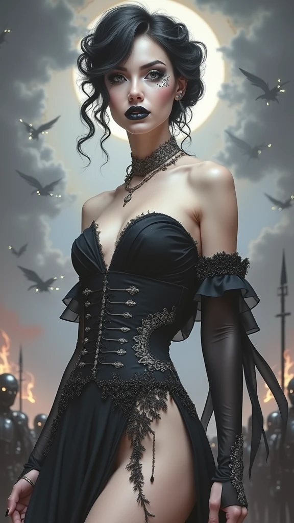 Gothic, Portrait, (((photorealistic portrait))), (((hyperrealistic portrait))). Beautiful (sexy young woman), long dark hair, (beautiful face), (((correct anatomy, correct body proportions))), correct hands, correct hands, correct hands, ((beautiful hands)), ((smooth fingers)) holds (skull vessel)), (dressed) in black (((erotic lace dress))), against the backdrop of an old abandoned castle, (fire, smoke), late evening, dark, dramatic sky, light from fire., 8k uhd, dslr, soft light, quality, film grain, Fujifilm XT3